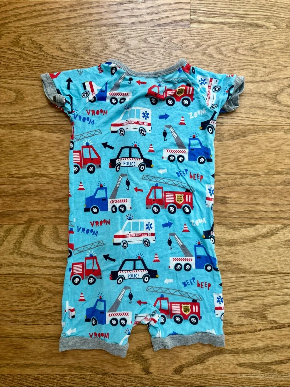 Little Sleepies Light Blue bamboo Short-Sleeve Romper with Rescue Vehicle Print